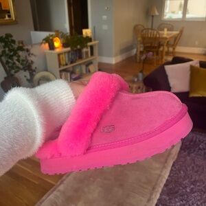 Ugg Disquette Taffy Pink Suede Fur Slide Platform Slipper